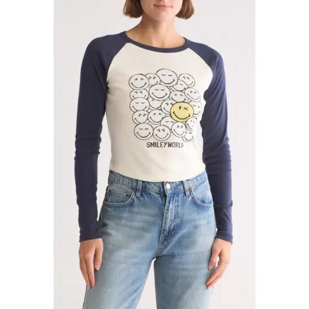 Vinyl Icons Smiley NWOT Kid’s Long Sleeve Raglan Crop T-Shirt in Navy-Size Large